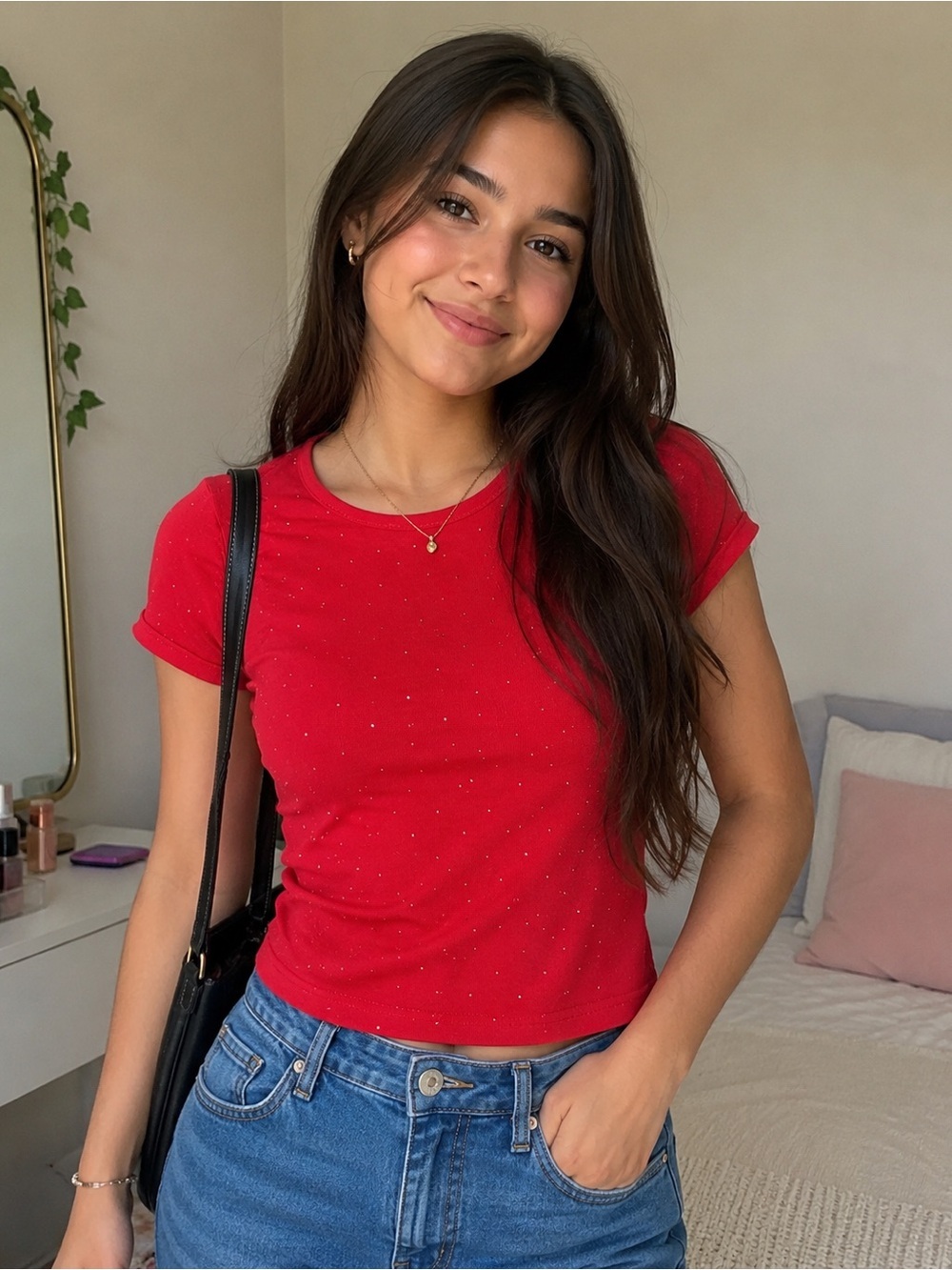 Red Short Sleeve Rhinestone crop top tee